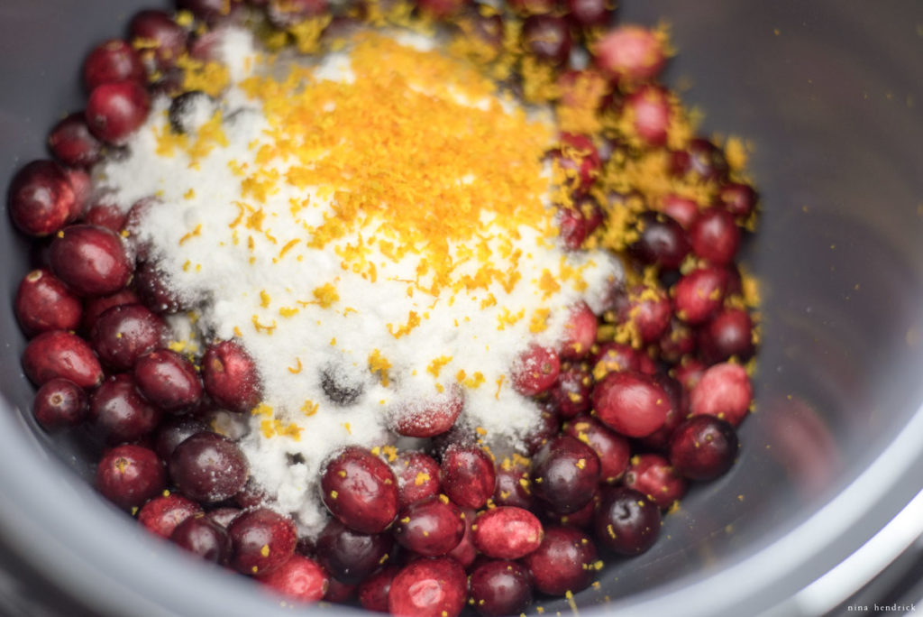 Cranberry sauce ingredients in a pressure cooker