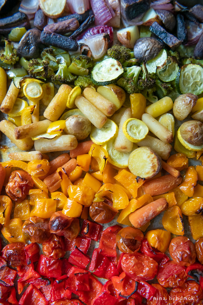 rainbow roasted vegetables on a sheet pan