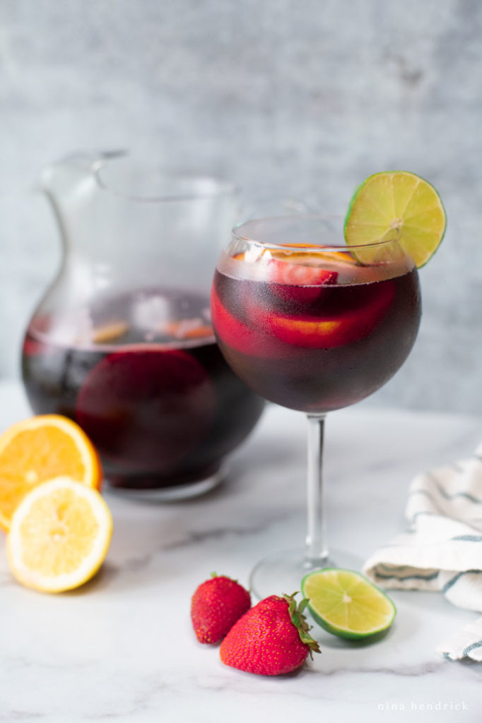 Classic Red Sangria with oranges, limes, lemons, and strawberries